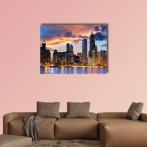 Chicago Skyline at Dusk Canvas Wall Art in orange, yellow and blue, single panel hung on a wall