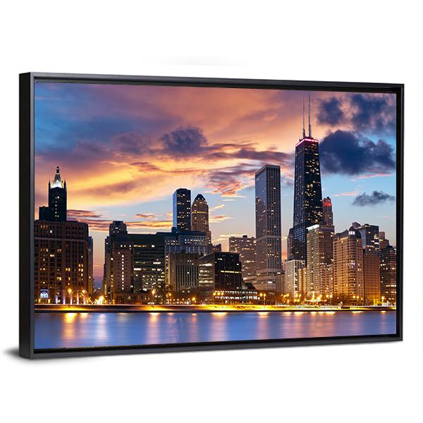 Chicago Skyline At Dusk Canvas Wall Art-3 Horizontal-Gallery Wrap-25" x 16"-Tiaracle