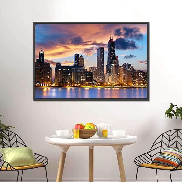 Chicago Skyline at Dusk Canvas Wall Art in orange, yellow and blue, framed canvas, product view on a white background