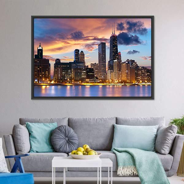 Chicago Skyline At Dusk Canvas Wall Art-3 Horizontal-Gallery Wrap-25" x 16"-Tiaracle