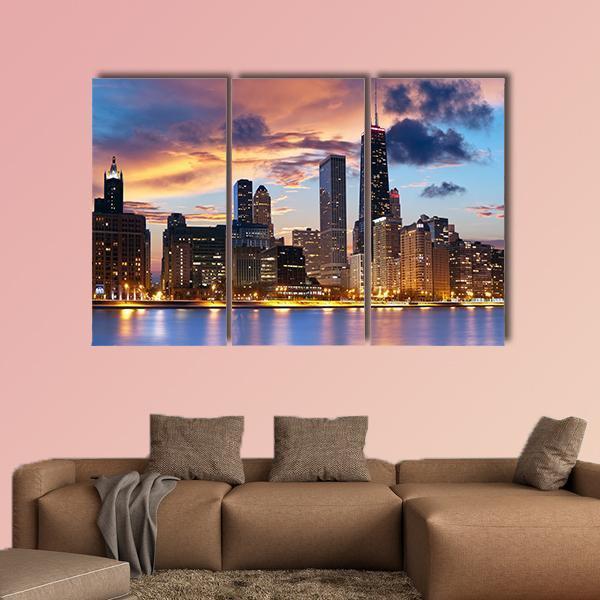 Chicago Skyline At Dusk Canvas Wall Art-3 Horizontal-Gallery Wrap-25" x 16"-Tiaracle