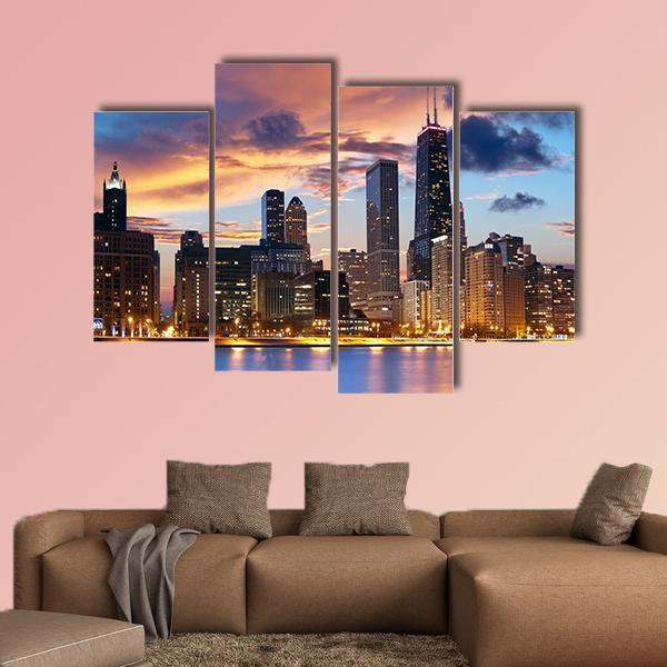 Chicago Skyline At Dusk Canvas Wall Art-4 Pop-Gallery Wrap-50" x 32"-Tiaracle