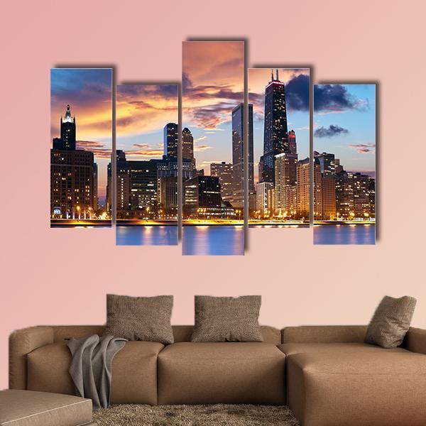 Chicago Skyline At Dusk Canvas Wall Art-5 Pop-Gallery Wrap-47" x 32"-Tiaracle