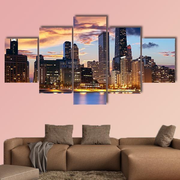 Chicago Skyline At Dusk Canvas Wall Art-5 Star-Gallery Wrap-62" x 32"-Tiaracle