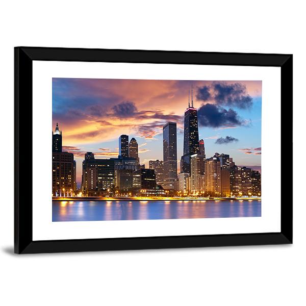 Chicago Skyline At Dusk Canvas Wall Art-3 Horizontal-Gallery Wrap-25" x 16"-Tiaracle