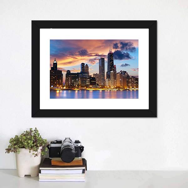 Chicago Skyline At Dusk Canvas Wall Art-3 Horizontal-Gallery Wrap-25" x 16"-Tiaracle