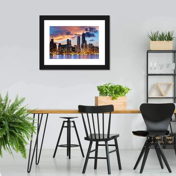 Chicago Skyline At Dusk Canvas Wall Art-3 Horizontal-Gallery Wrap-25" x 16"-Tiaracle