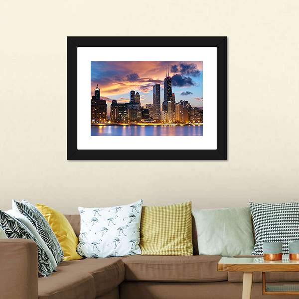 Chicago Skyline At Dusk Canvas Wall Art-1 Piece-Framed Print-20" x 16"-Tiaracle