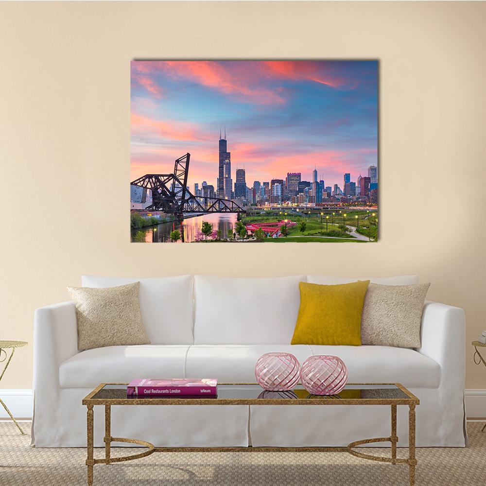 Chicago Skyline At Twilight Canvas Wall Art-4 Pop-Gallery Wrap-50" x 32"-Tiaracle