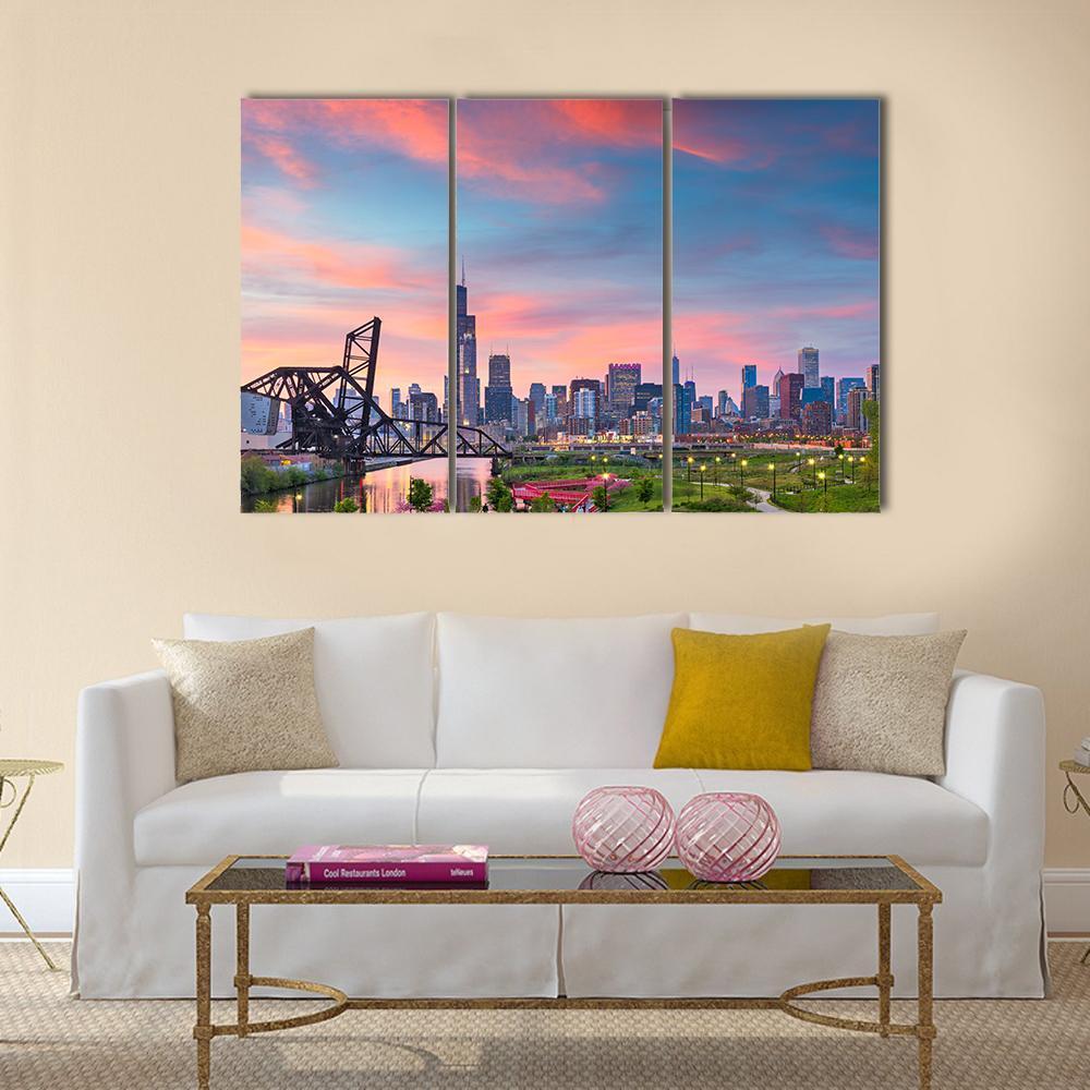 Chicago Skyline At Twilight Canvas Wall Art-3 Horizontal-Gallery Wrap-37" x 24"-Tiaracle
