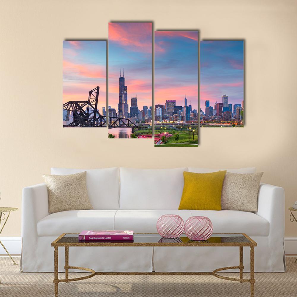 Chicago Skyline At Twilight Canvas Wall Art-4 Pop-Gallery Wrap-50" x 32"-Tiaracle