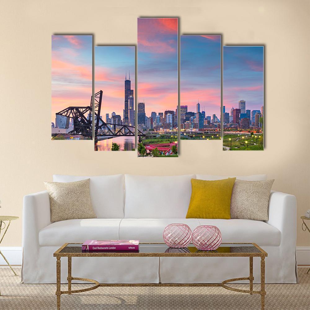 Chicago Skyline At Twilight Canvas Wall Art-5 Pop-Gallery Wrap-47" x 32"-Tiaracle