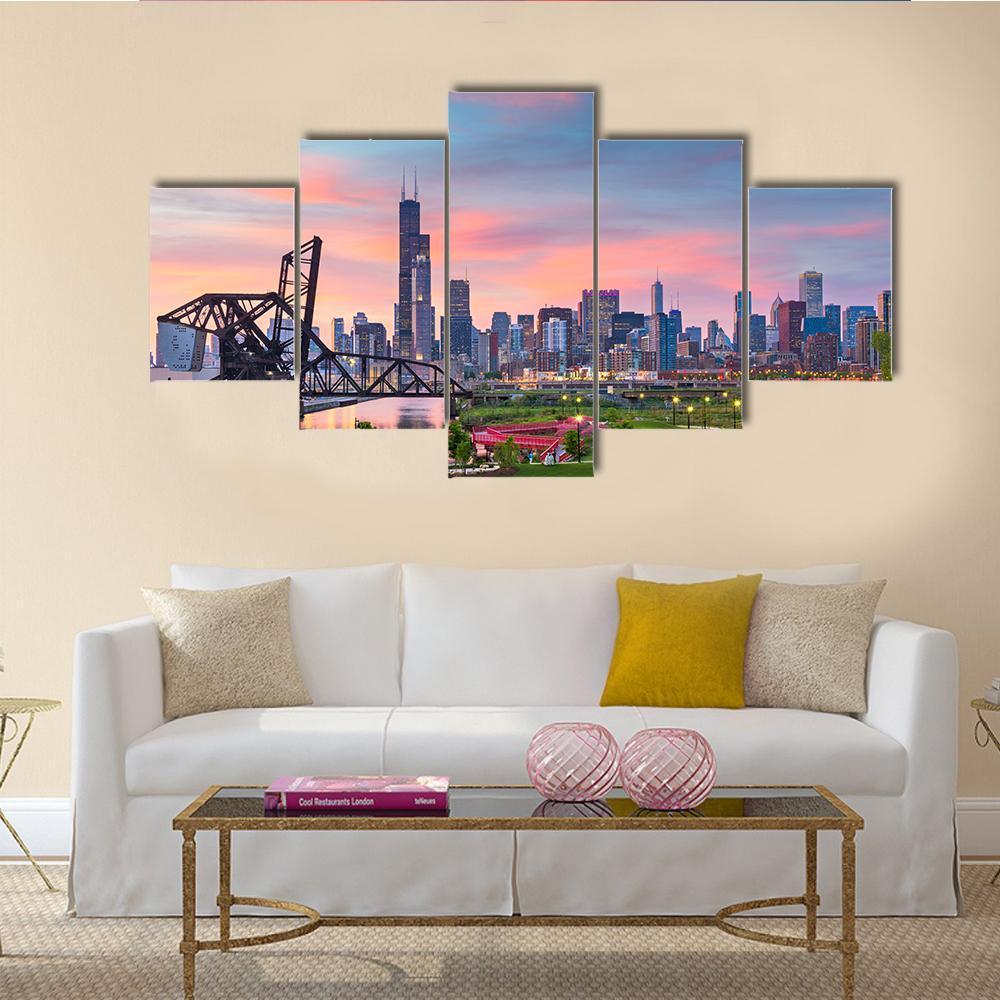 Chicago Skyline At Twilight Canvas Wall Art-5 Star-Gallery Wrap-62" x 32"-Tiaracle