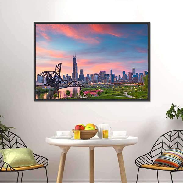 Chicago Skyline At Twilight Canvas Wall Art-1 Piece-Floating Frame-24" x 16"-Tiaracle