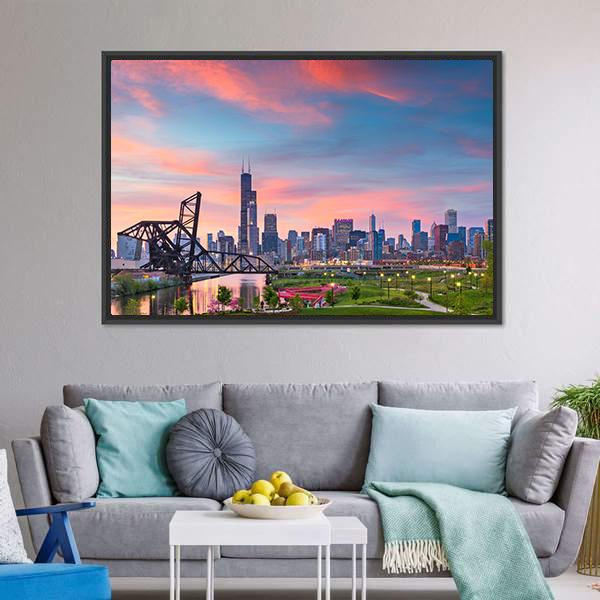 Chicago Skyline At Twilight Canvas Wall Art-3 Horizontal-Gallery Wrap-25" x 16"-Tiaracle