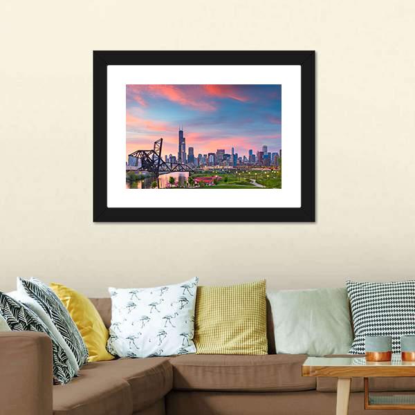 Chicago Skyline At Twilight Canvas Wall Art-1 Piece-Framed Print-20" x 16"-Tiaracle