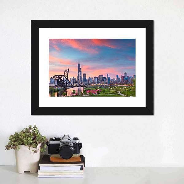 Chicago Skyline At Twilight Panoramic Canvas Wall Art-1 Piece-36" x 12"-Tiaracle
