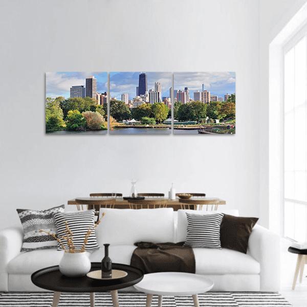 Chicago Skyline with John Hancock Center Panoramic Canvas Wall Art in gray, green and blue, hung on a wall