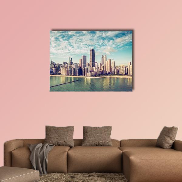 Chicago Skyline Over Lake Michigan Canvas Wall Art in beige, green and blue, single panel hung on a wall