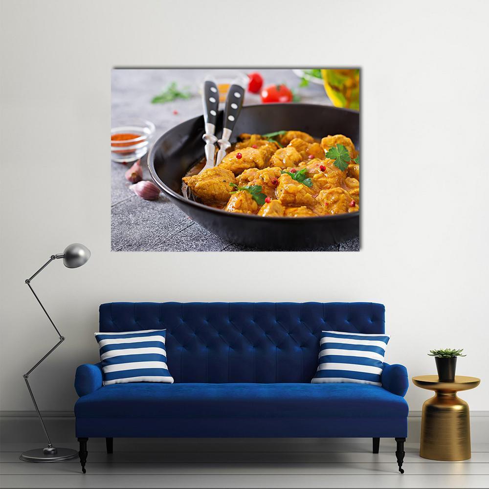 Chicken Curry with Parsley and Pink Peppercorns Canvas Wall Art in black, gray and yellow, single panel hung on a wall