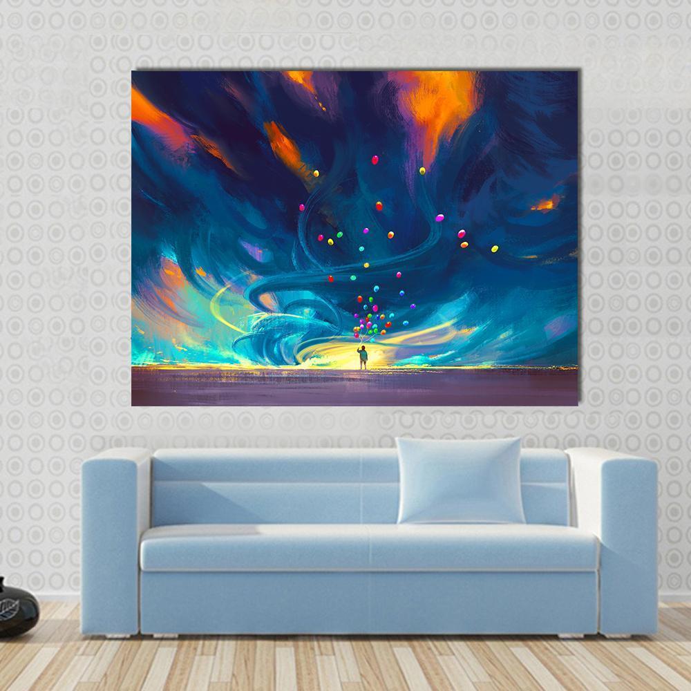 Child Holding Balloons Illustration Canvas Wall Art in orange, blue and purple, single panel hung on a wall