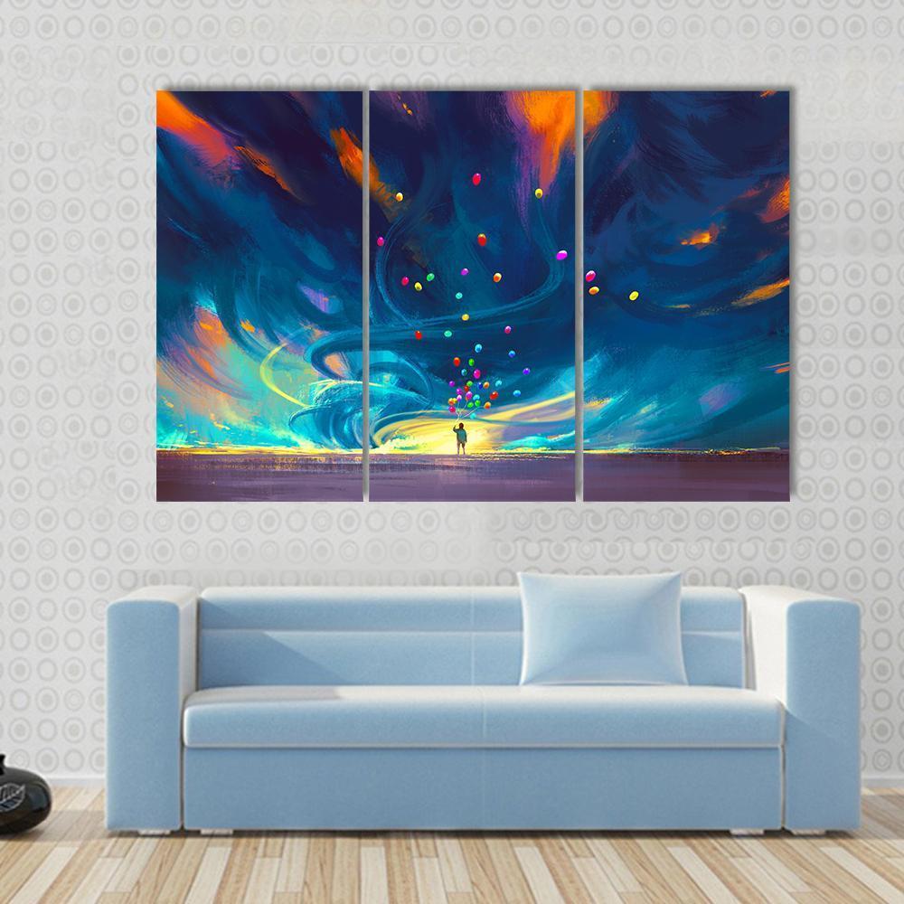 Child Holding Balloons Illustration Canvas Wall Art-3 Horizontal-Gallery Wrap-37&quot; x 24&quot;-Tiaracle