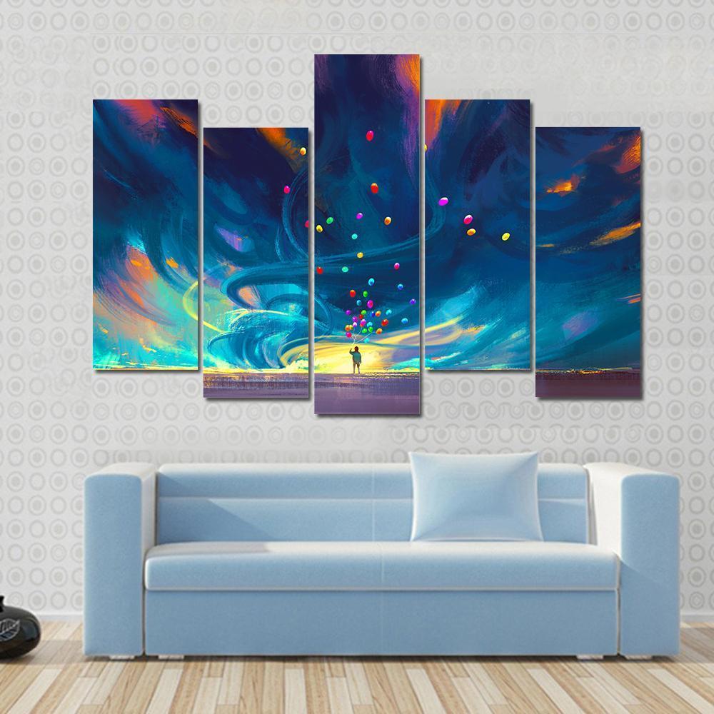 Child Holding Balloons Illustration Canvas Wall Art-5 Pop-Gallery Wrap-47&quot; x 32&quot;-Tiaracle