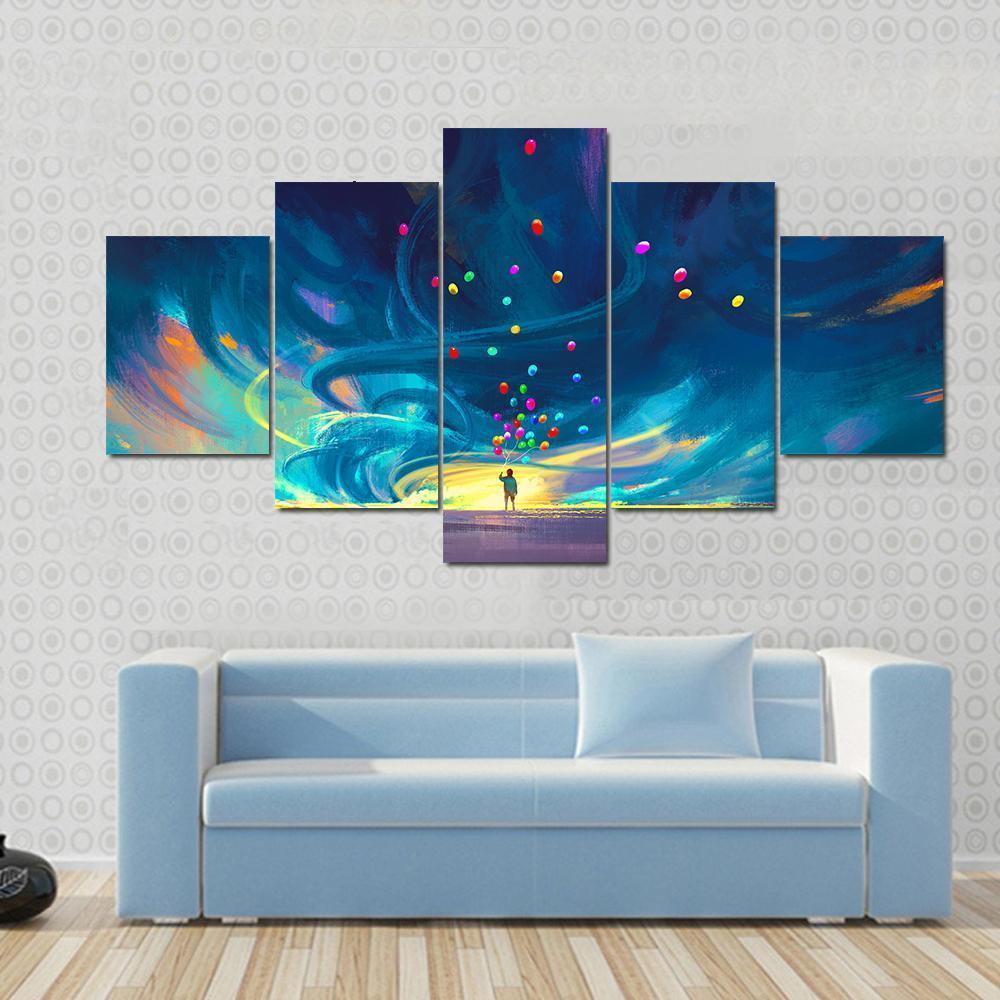 Child Holding Balloons Illustration Canvas Wall Art-5 Star-Gallery Wrap-62&quot; x 32&quot;-Tiaracle