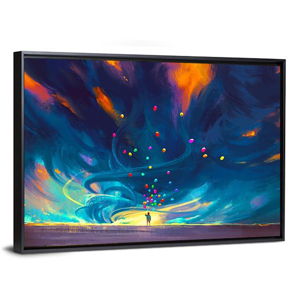 Child Holding Balloons Illustration Canvas Wall Art-3 Horizontal-Gallery Wrap-25&quot; x 16&quot;-Tiaracle