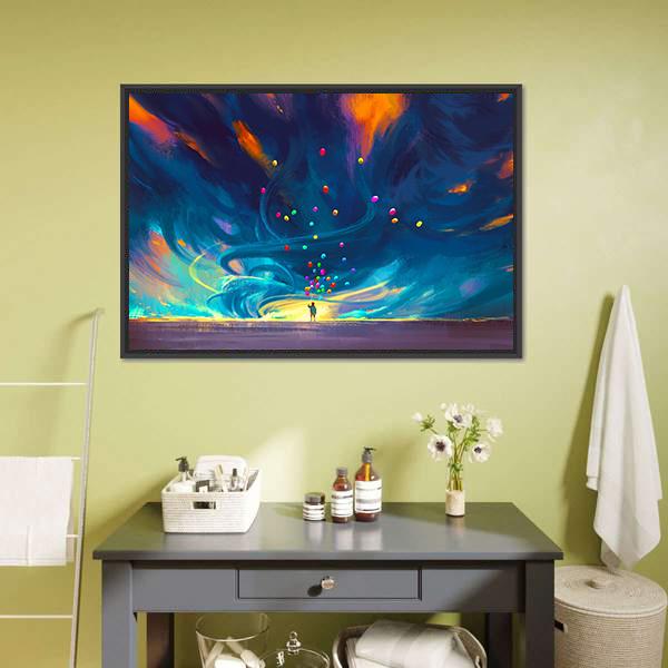 Child Holding Balloons Illustration Canvas Wall Art-3 Horizontal-Gallery Wrap-25&quot; x 16&quot;-Tiaracle