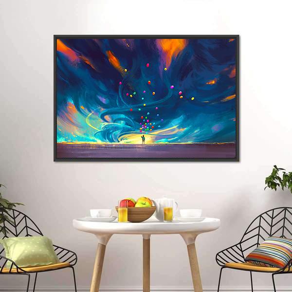 Child Holding Balloons Illustration Canvas Wall Art-1 Piece-Floating Frame-24&quot; x 16&quot;-Tiaracle