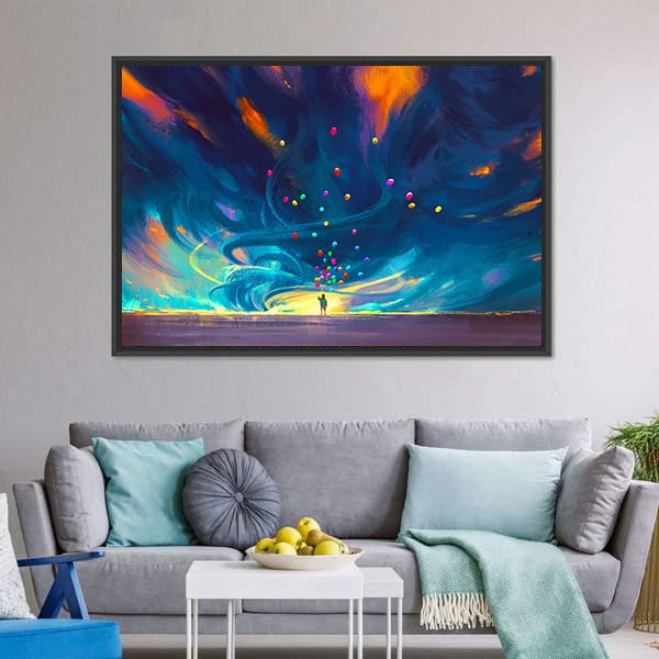 Child Holding Balloons Illustration Canvas Wall Art-3 Horizontal-Gallery Wrap-25&quot; x 16&quot;-Tiaracle