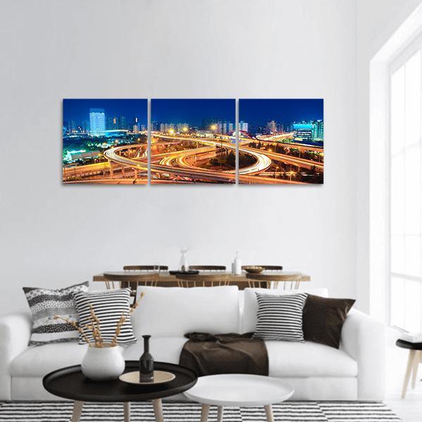 Modern Highways At Night Panoramic Canvas Wall Art-3 Piece-25" x 08"-Tiaracle