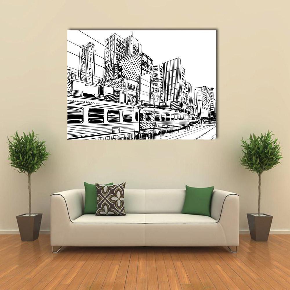 China City Sketch Canvas Wall Art in black and white, single panel hung on a wall