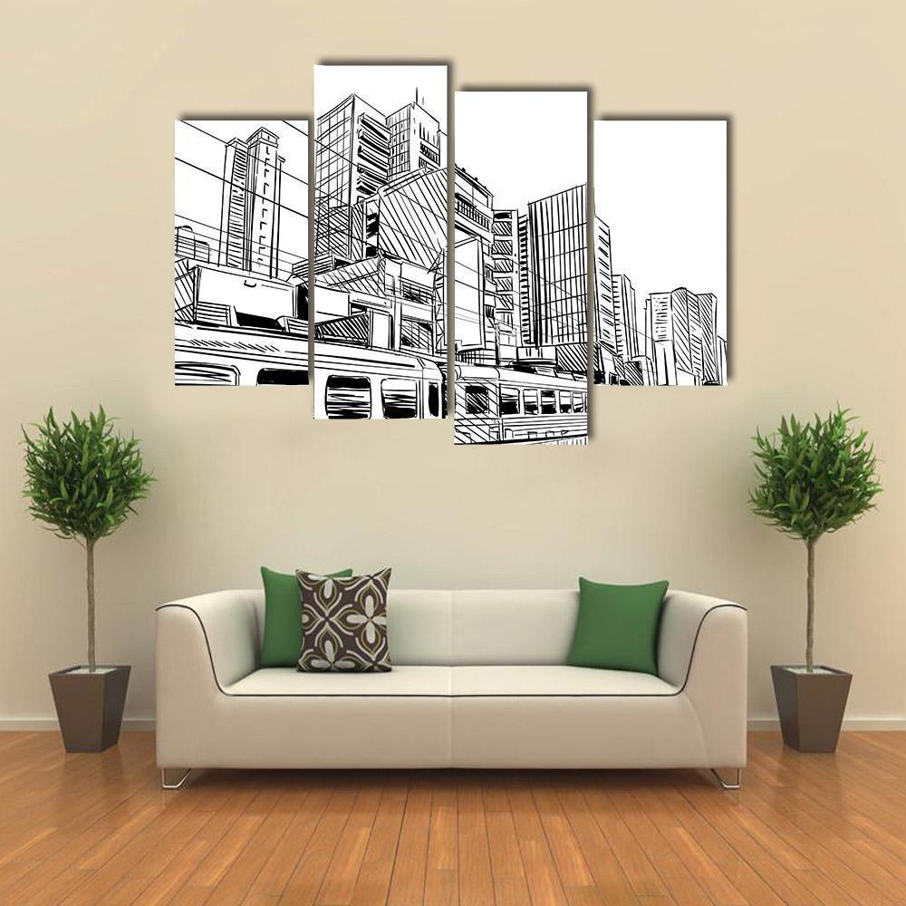 China City Sketch Canvas Wall Art-4 Pop-Gallery Wrap-50" x 32"-Tiaracle