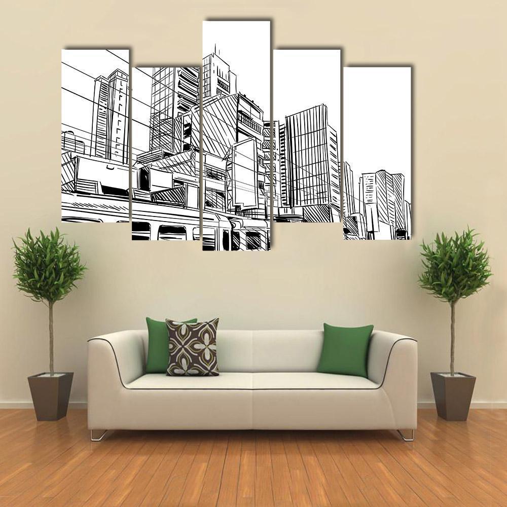 China City Sketch Canvas Wall Art-5 Pop-Gallery Wrap-47" x 32"-Tiaracle
