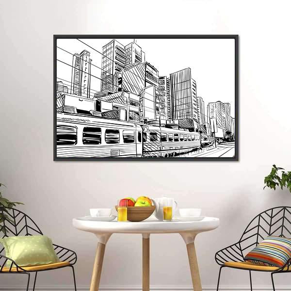 China City Sketch Canvas Wall Art-1 Piece-Floating Frame-24" x 16"-Tiaracle
