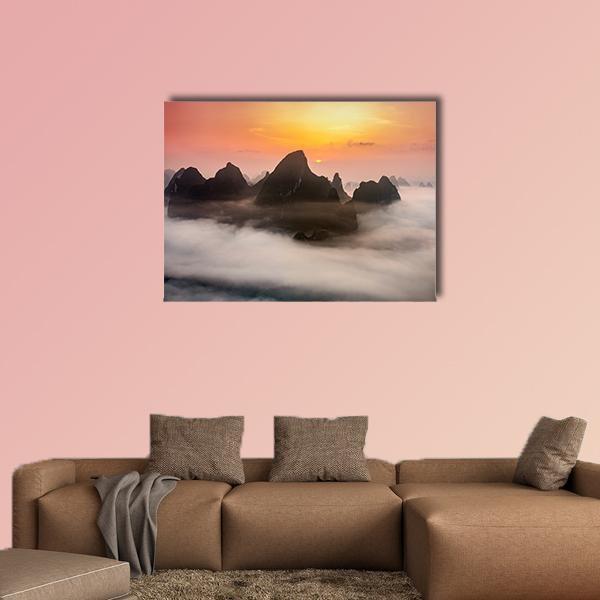 China Karst Mountains at Sunset Canvas Wall Art in gray, orange and yellow, single panel hung on a wall