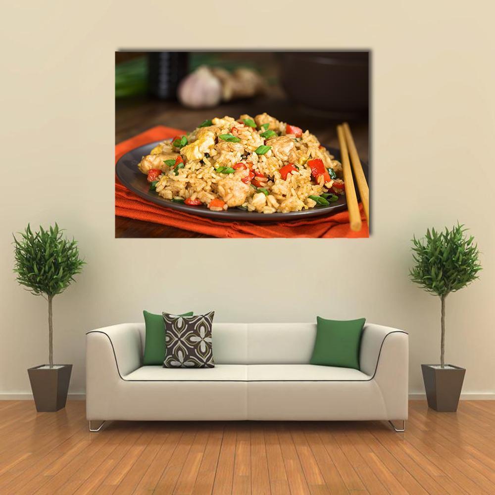 Chinese Chicken Fried Rice Canvas Wall Art in brown, orange and yellow, single panel hung on a wall