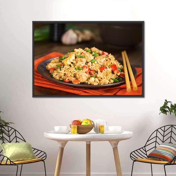 Chinese Chicken Fried Rice Canvas Wall Art in brown, orange and yellow, framed canvas, product view on a white background