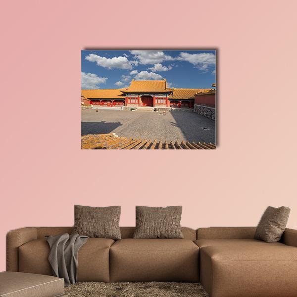 Chinese Imperial Palace Courtyard Canvas Wall Art in red, yellow and blue, single panel hung on a wall