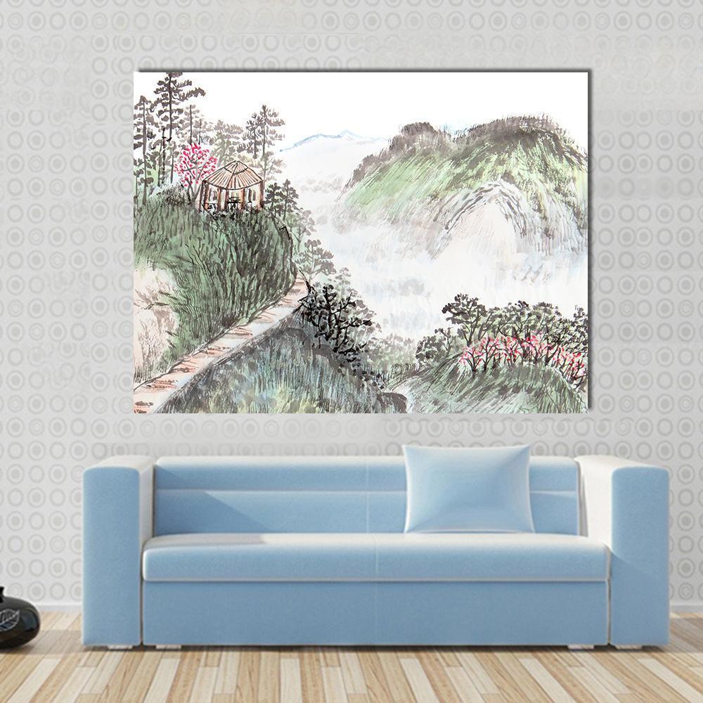 Chinese Landscape Abstract Canvas Wall Art in white, beige and green, single panel hung on a wall