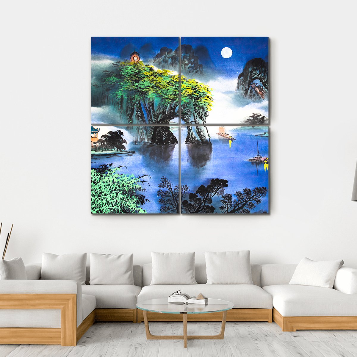 Chinese Landscape Watercolor Canvas Wall Art-4 Square-Gallery Wrap-17" x 17"-Tiaracle