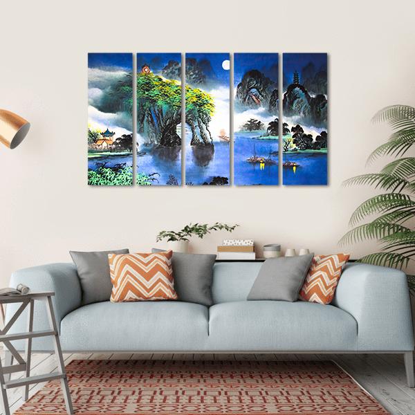 Chinese Landscape Watercolor Canvas Wall Art-5 Horizontal-Gallery Wrap-22" x 12"-Tiaracle