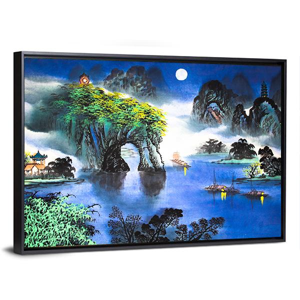 Chinese Landscape Watercolor Canvas Wall Art-5 Horizontal-Gallery Wrap-22" x 12"-Tiaracle