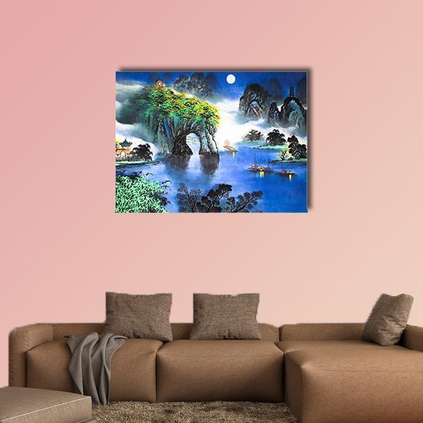 Chinese Landscape Watercolor Canvas Wall Art-1 Piece-Gallery Wrap-48" x 32"-Tiaracle