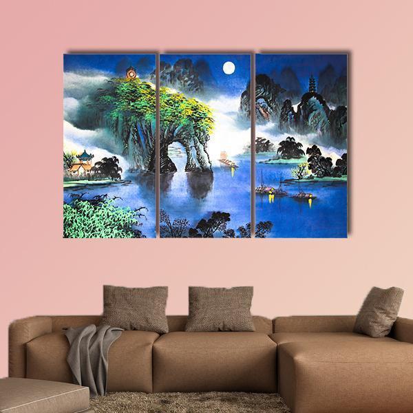 Chinese Landscape Watercolor Canvas Wall Art-3 Horizontal-Gallery Wrap-37&quot; x 24&quot;-Tiaracle