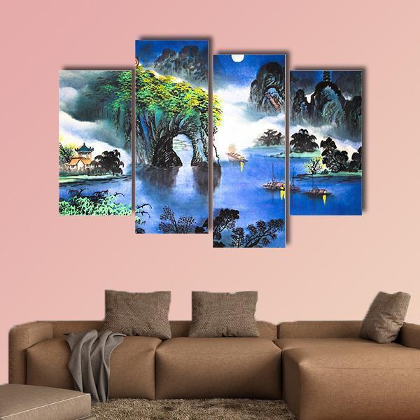 Chinese Landscape Watercolor Canvas Wall Art-4 Pop-Gallery Wrap-50" x 32"-Tiaracle