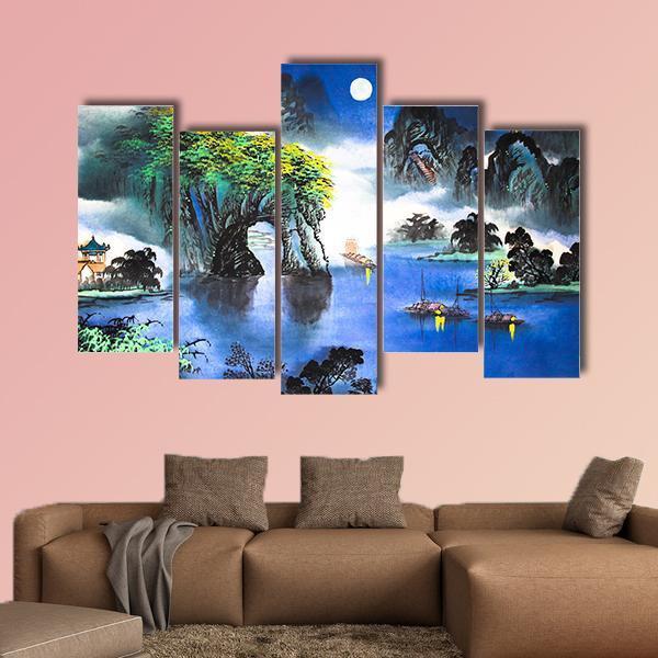Chinese Landscape Watercolor Canvas Wall Art-5 Pop-Gallery Wrap-47&quot; x 32&quot;-Tiaracle