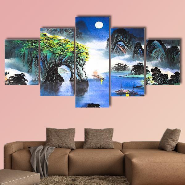 Chinese Landscape Watercolor Canvas Wall Art-5 Star-Gallery Wrap-62&quot; x 32&quot;-Tiaracle